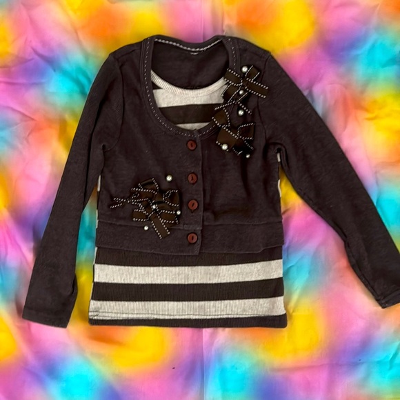 Cute Cotton Ribbon pearl detailed sweater shirt concealed combo pullover top 3T - Picture 1 of 4